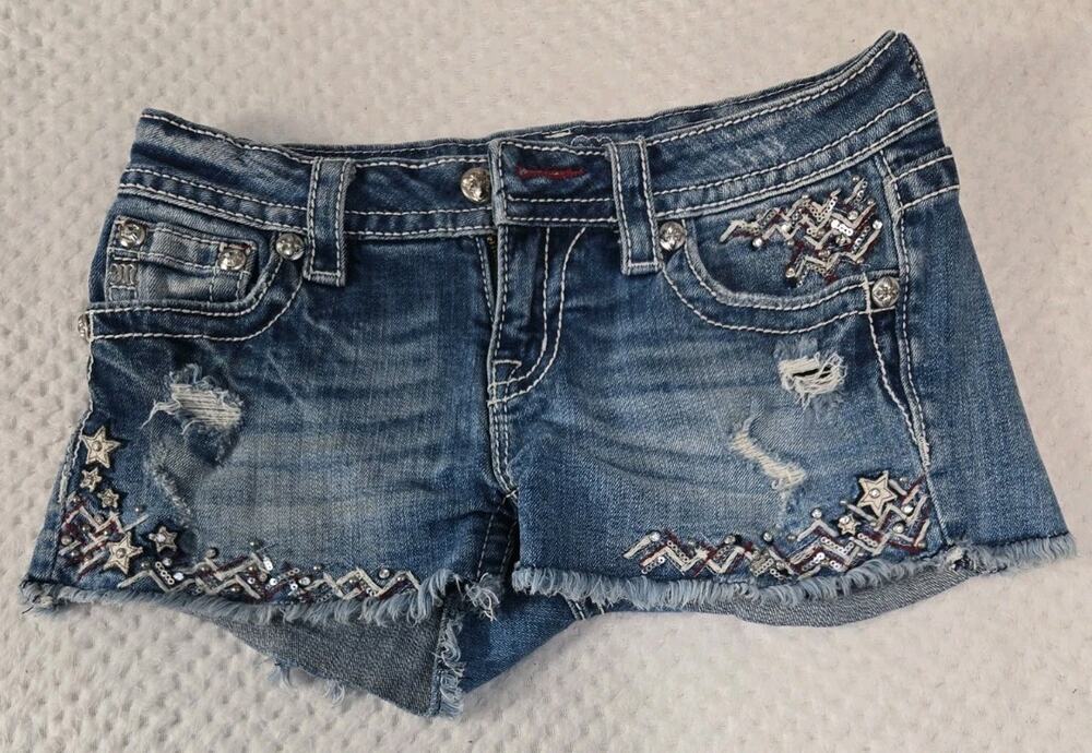 Miss Me Signature Shorts Womens 26 Distressed Embellished USA Denim #0136